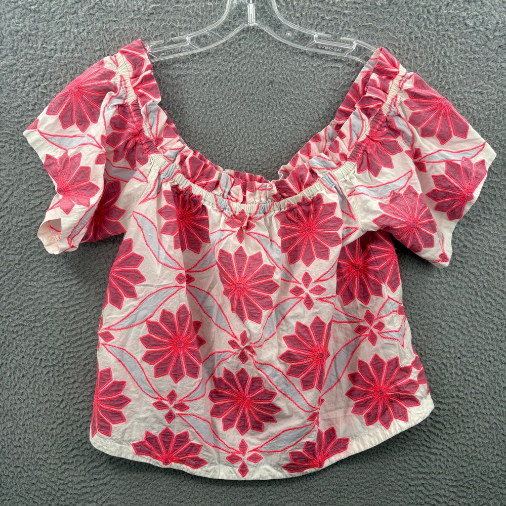 Maeve Top Women Medium Pink Floral Embroidered Off Shoulder Cotton 2400-2316